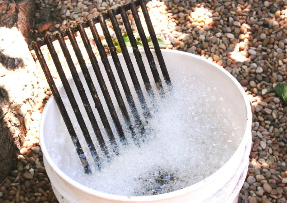 Βάλτε τη σχάρα μέσα σε λεκάνη με ζεστό νερό και υγρό πιάτων.