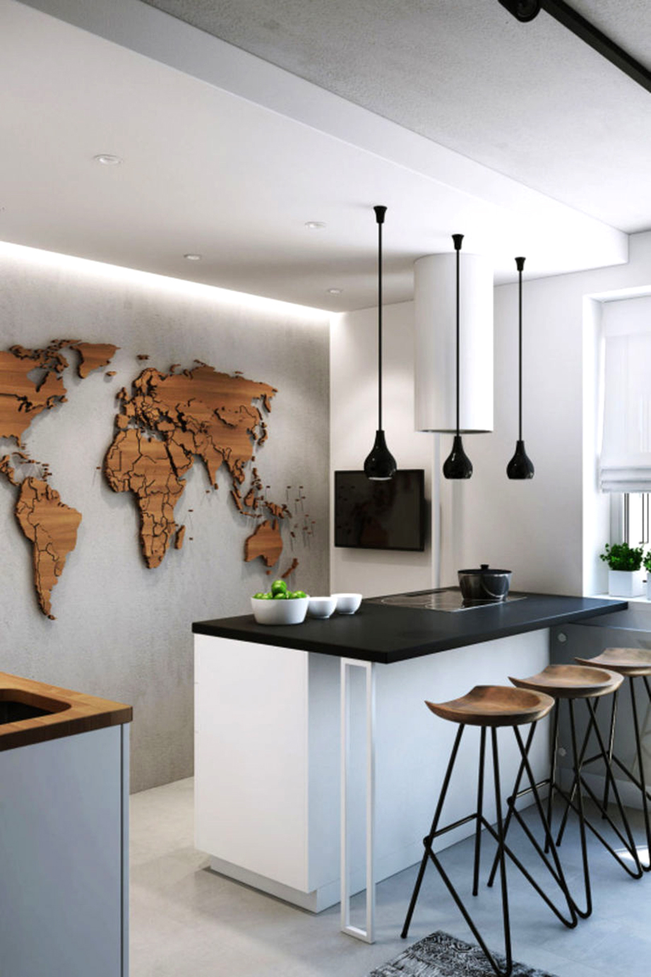 Σε μια μοντέρνα κουζίνα μια ανεξάρτητη κατασκευή του παγκόσμιου χάρτη από ξύλο μπορεί να κοσμεί με εξαιρετικό τρόπο τον τοίχο αυτής.
